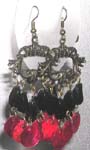 Elegant fish hook earring holding irregular shape black bead and shiny flat red circle chips design