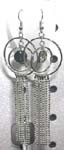 Double round shape fish hook earring motif silver circle chip in middle with multi chain fringe design 