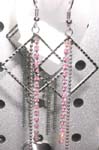 Diamond shape fish hook earring with multi bead chain and pink bead chain fringe design