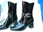 Shoe factory distributor exports high fashion fashionable, black PVC womens fashion boots with short heel and silver buckle