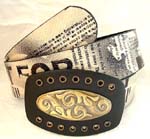 China manufacturers importing wholesale clothing accessories. Imitation gold and yellow colored leather belt with black lettering. Large black buckle with copper colored oval shaped design, of two opposing thick vines