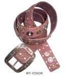 Wholesale priced China manufactured fashion accesory for sale. Pink imitation leather belt with copper colored studs embedded in strap as well as silver colored circles inlaid with gems. Belt has large copper colored buckle with dotted and horse shoe designs.