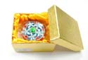 Metal jewelry box with 5 blue flower forming a big flower pattern enamel in red color and mini blue flower inlaid around, magnet lock design
