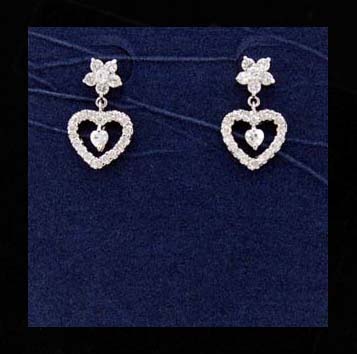 Valentines gift shop supplies wholesale cz jewelry for her. Flower stud with cz stone center dangles a heart inlaid with cz crystals and another in center.         