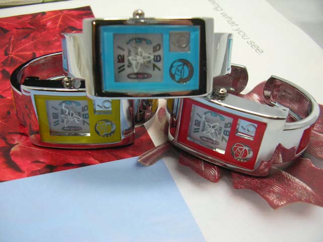 Accessory shopping market factory - Colored enamel on silver bangle watch with rainbow and fun clock face 