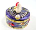Enamel jewelry box motif a white duck on the lid with red flower and grass inlaid around, enamel in purple color