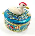 Enamel jewelry box motif a white duck on the lid with red flower and grass inlaid around, enamel in purple color