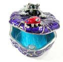 Enamel jewelry box motif a black frog catching a red bug on porcelain leaf, enamel in purple color