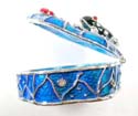 Enamel jewelry box motif a black frog catching a red bug on porcelain leaf, enamel in blue color