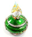 Enamel green jewelry box motif bird figure standed on tree stick holing a cz cherry in a mouth with enamel in gold and blue color