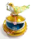 Enamel gold jewelry box motif bird figure standed on tree stick holing a cz cherry in a mouth with enamel in gold and green color