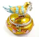 Enamel gold jewelry box motif bird figure standed on tree stick holing a cz cherry in a mouth with enamel in gold and blue color