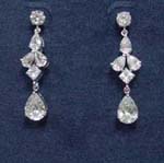 Womens gift store wholesaler supplies gemstone earrings. Elegant earings entirely made from cz stones and rhodium plated base have studs that extend to four oval and diamond shapes then suspend water drop. 