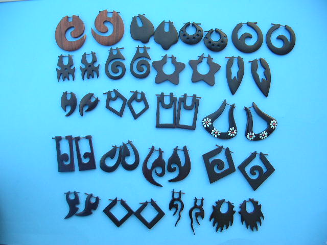 Assortment of handmade wooden earlets with post, made in Bali Indonesia - Wholesale jewelry importer