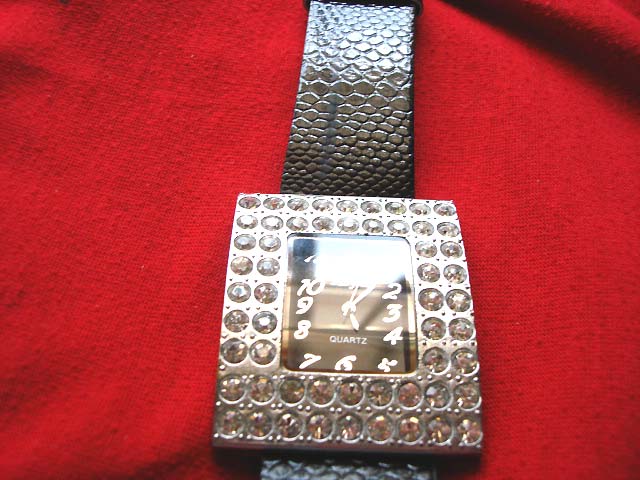 Online Fine, silver rectangular framed watch face with stones inlaid and black imitation leather strap distribution 