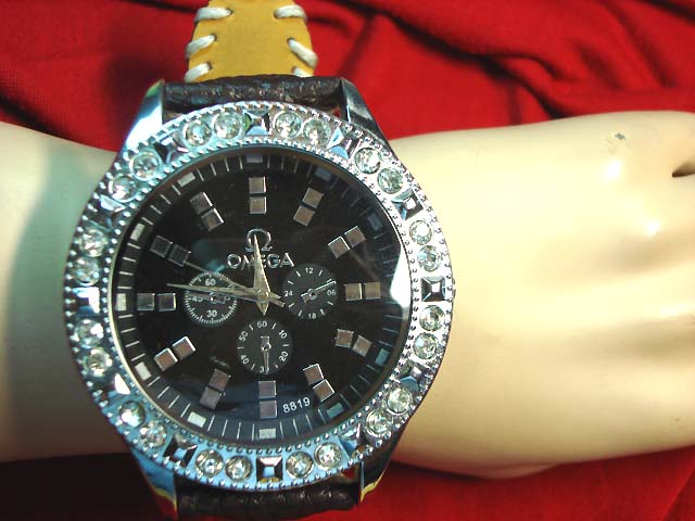 Accessory manufacturing outlet -Large omega style gemstone inlaid frame on yellow thin strap with white stitching 