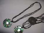 Unique bali indonesia gift outlet exporter, Emerald chips on seashell circular pendant on tropical black beaded necklace 